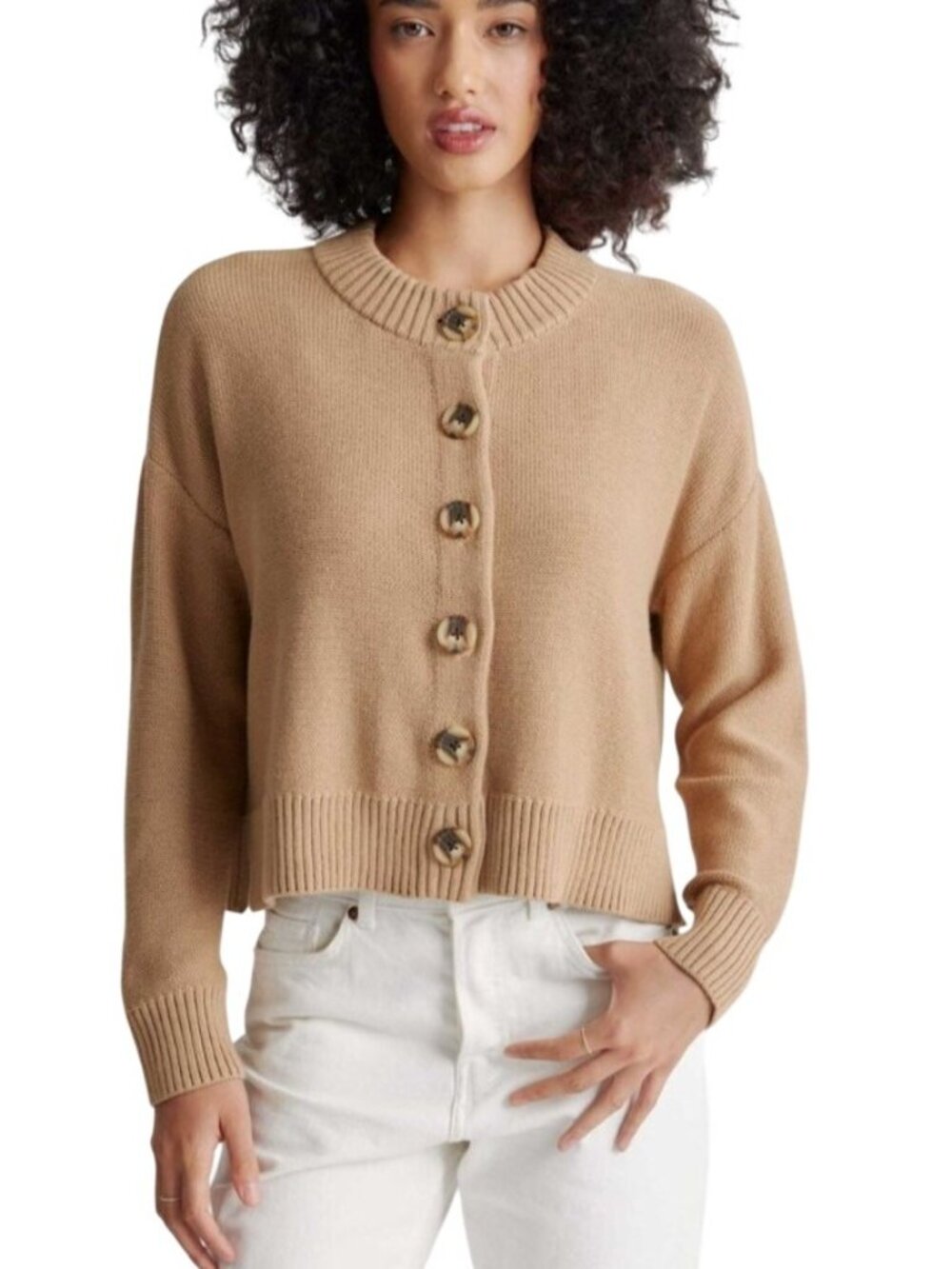 Quince Camel Button-Front Cropped Cardigan